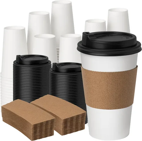 Vista 7 de YEEHAW - Paquete de 50 tazas de café de 12 onzas con tapas y fundas Mangas Kraft blancas
