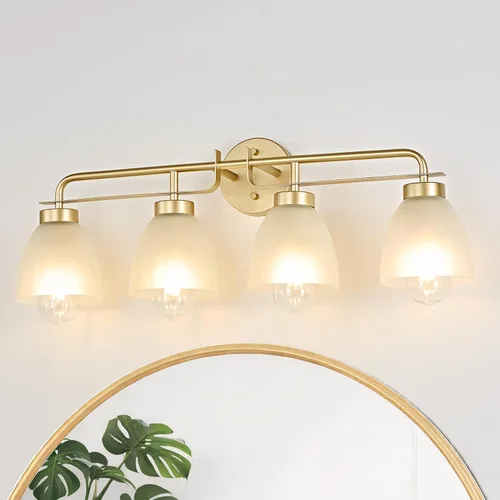 Vista 11 de Luces de tocador modernas de mediados de siglo de 16 pulgadas, lámpara dorada de 2 luces con pantallas de campana blancas esmeriladas, aplique