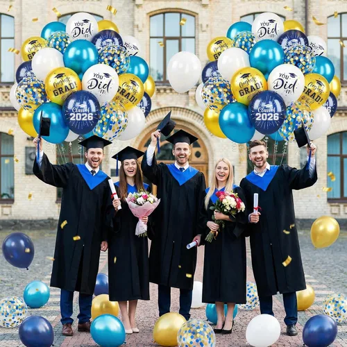Vista 6 de Globos de graduación azules y dorados, 60 globos impresos con texto en inglés "Felicitaciones", 12 pulgadas, azul marino, blanco, azul, metálico