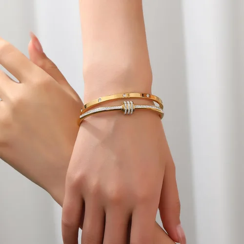 Vista 5 de Pulsera de acero inoxidable para mujer, chapada en oro, con cubo, bisagra de circón, joyería ovalada, testigo del regalo del amor