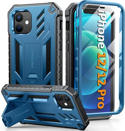 Vista 10 de FNTCASE - Funda para iPhone 12 con protector de pantalla integrado y soporte 20FT Military-Grade Drop Protection, Anti-Slip Matte Textured, Rugged