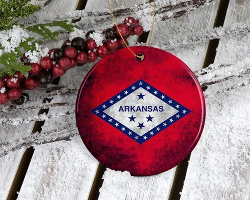 Vista 2 de Bandera rústica del estado de Arkansas, adorno navideño para árbol de Navidad de Estados Unidos, adorno de Navidad, adorno de Navidad impreso