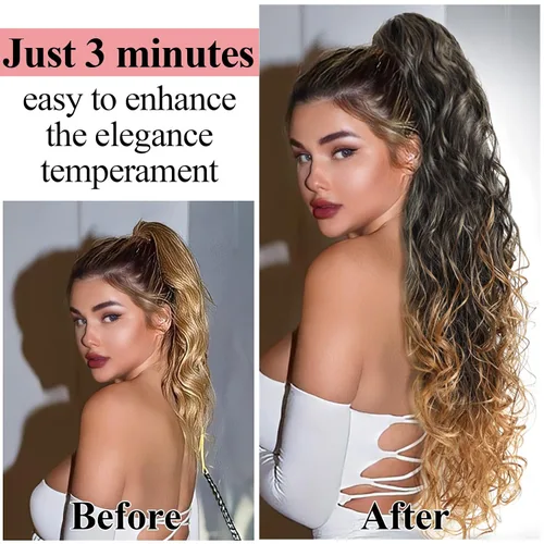 Vista 6 de Extensiones de cabello ombré 1B/27, cola de caballo para mujeres negras, extensiones de cola de caballo largas onduladas con cordón, extensiones