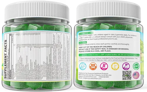Vista 8 de Multivitaminas para niños + gomitas Super Greens para mayores de 4 años, con espirulina, clorella, espinacas, brócoli, calcio, omega-3 (DHA/EPA)