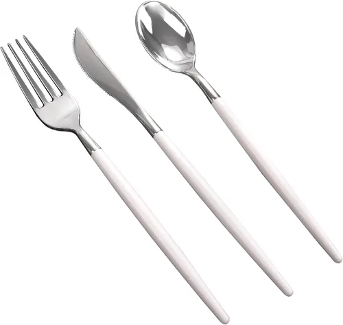Vista 9 de MirthMood - 36 cubiertos de plástico dorados, cubiertos dorados desechables, utensilios desechables resistentes, juego de cubiertos de plástico