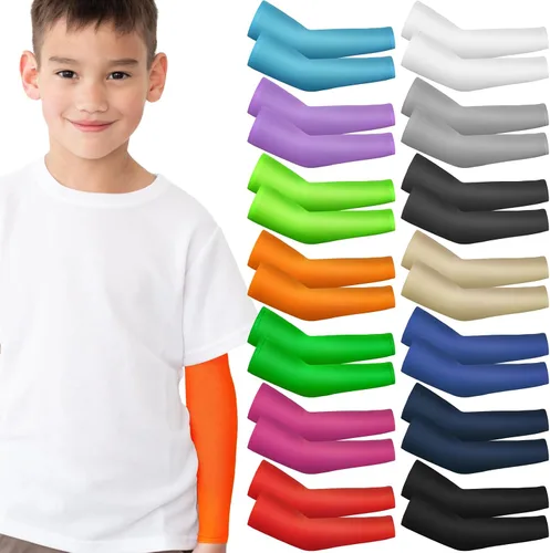 Vista 10 de Mepase 14 pares de mangas para brazos para niños, con protección UV, brazo de enfriamiento de compresión, cubierta deportiva para niños, béisbol