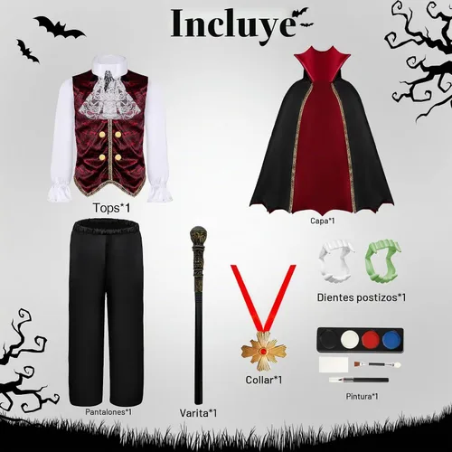 Vista 4 de Disfraz de vampiro para niños, disfraz gótico de Halloween con capa y dientes, collar de bastón, accesorios de vampiro
