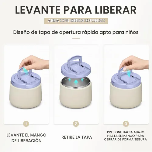 Vista 3 de Tarro aislado al vacío de 14 onzas con tapa de hebilla, termo de sopa para niños de comida caliente, boca ancha, a prueba de fugas, de acero Beige