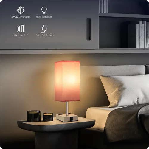 Vista 4 de Lámpara de mesita de noche con puertos USB - Lámpara de mesa con control táctil para dormitorio con puertos de carga USB C+A y tomas de corriente