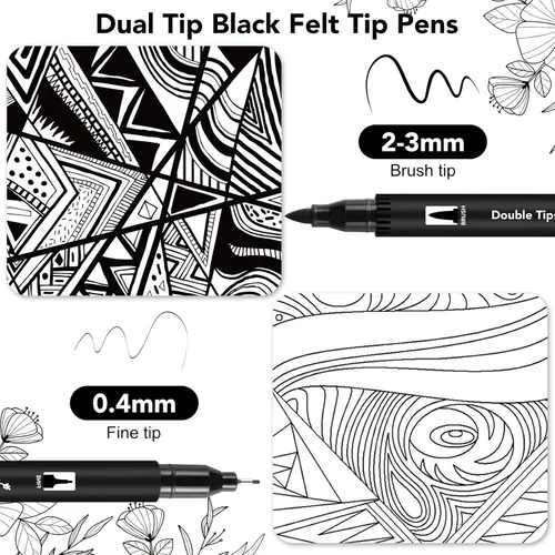 Vista 2 de Thboxes Paquete de 12 bolígrafos de dibujo negros, punta doble, punta fina, marcadores de punta de pincel lavables para adultos, dibujo artístico