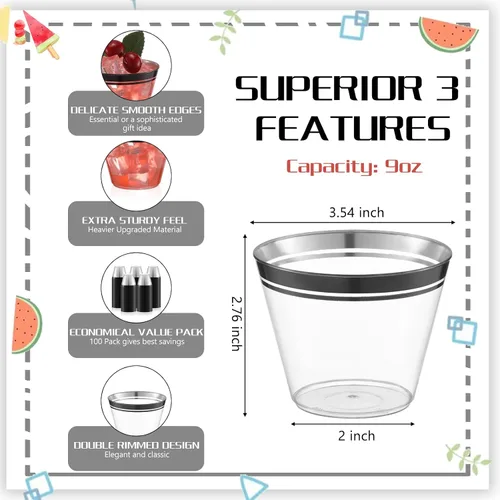 Vista 2 de Skylety 100 vasos de vino de plástico de 9 onzas con borde de graduación, vasos desechables para bebidas de boda, copas de cóctel para actividades