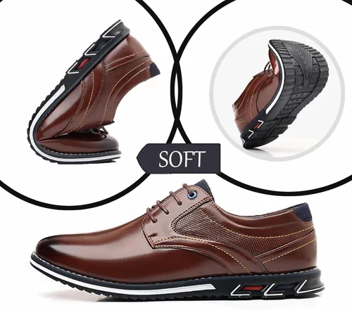 Vista 3 de Zapatos Oxford planos de cuero para hombre, zapatos casuales con cordones, zapatos de moda para caminar, negocios, oficina, fiesta, mocasines cómodos