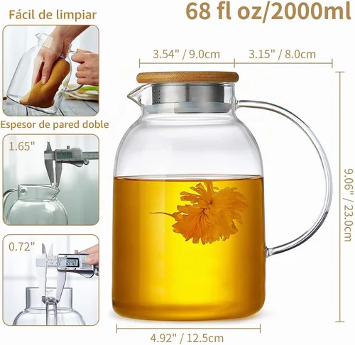 Vista 6 de Tetera grande de vidrio con infusor, apta para estufa, vidrio de borosilicato grueso resistente al calor, 68 onzas líquidas, hervidor de té