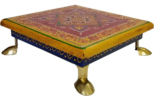 Vista 6 de Purpledip Chowki de madera: plataforma pintada a mano para los ídolos de Dios en el templo casero (11811)