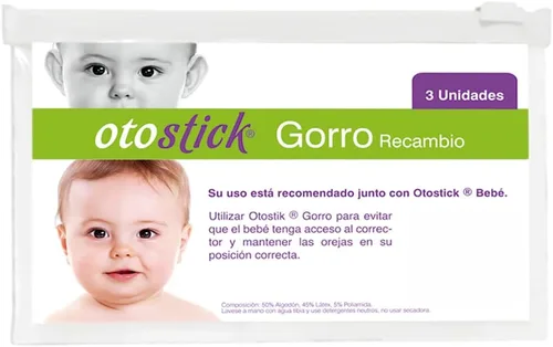 Vista 2 de Otostick Gorro de bebé, 3 tapones correctores de oídos, gorro de protección de oídos para orejas sobresalientes, gorra de malla para sujetar