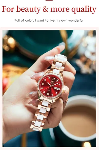Vista 9 de OLEVS Relojes de mujer de oro rosa, correa de acero inoxidable de cerámica, reloj mecánico automático, calendario puntero luminoso impermeable