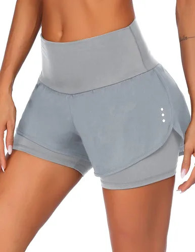 Vista 3 de Tremaker Pantalones cortos de entrenamiento 2 en 1 para mujer, cintura alta, gimnasio, yoga, trotar, atléticos con bolsillos