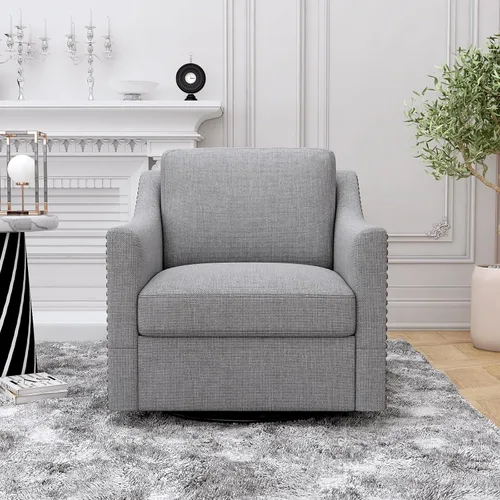 Vista 2 de Olela Silla giratoria para sala de estar, dormitorio, sillón de gran tamaño, moderno barril redondo con brazo en línea de tela (gris)