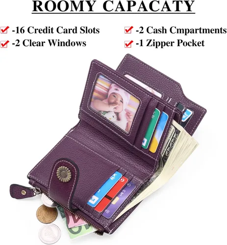 Vista 2 de FALAN MULE Cartera pequeña para mujer, de piel auténtica, plegable, compacta, pequeña, con bloqueo RFID, Púrpura, Casual