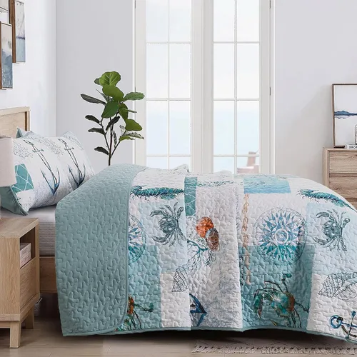 Vista 3 de DJY Juego de edredón de playa tamaño Queen, juego de colcha de verano de 3 piezas con 2 fundas de almohada, juego de ropa de cama náutica