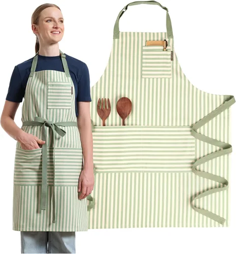 Vista 12 de MEEMA Delantal de chef con bolsillos, talla única, delantales ajustables reciclados para mujeres y hombres, para cocinar, hornear, asar a