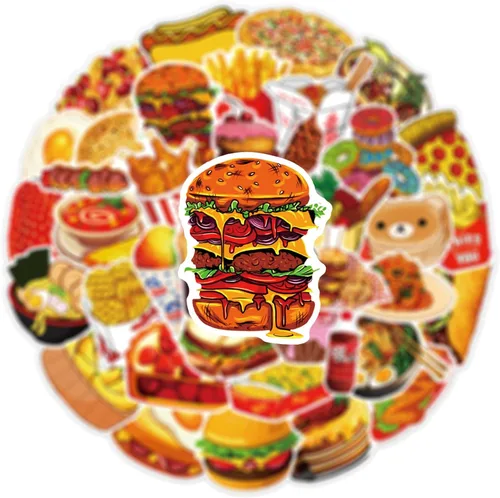 Vista 6 de Calcomanías de comida, 50 unidades, lindas calcomanías de comida rápida, chips de hamburguesa, deliciosas calcomanías estéticas impermeables