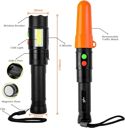 Vista 7 de Linterna electrónica de la varita del silbato para el tráfico, entrenamiento USB C y recargable magnético, luz COB, base de imanes