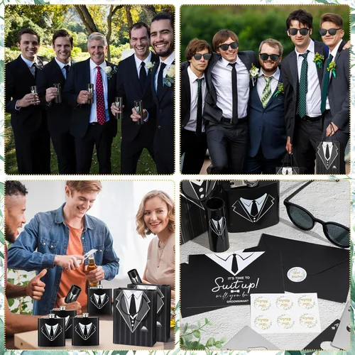 Vista 5 de Bokon 48 piezas de regalos para padrinos de boda para hombres, frasco de esmoquin de acero inoxidable, para padrinos de boda, anteojos de póquer