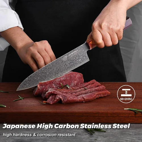 Vista 8 de Cuchillo de chef de Damasco, cuchillos de cocina japoneses de 8 pulgadas con 67 capas, acero inoxidable de alto carbono afilado con mangos