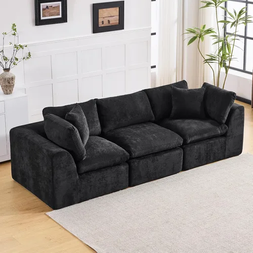 Vista 17 de Sofás de nube beige para sala de estar, sofá deshuesado de 3 plazas, sofá modular seccional, no requiere montaje, tapizado de chenilla, moderno