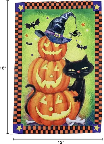 Vista 5 de Bandera de jardín de Halloween de calabazas de gato negro, 12 x 18 pulgadas, doble cara, decoraciones de Halloween, decoración del hogar, calabazas