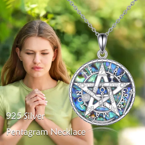 Vista 6 de Collar de plata de ley con tetragrammaton para mujeres y hombres, collar con colgante de pentagrama de concha de abulón, amuleto de protección