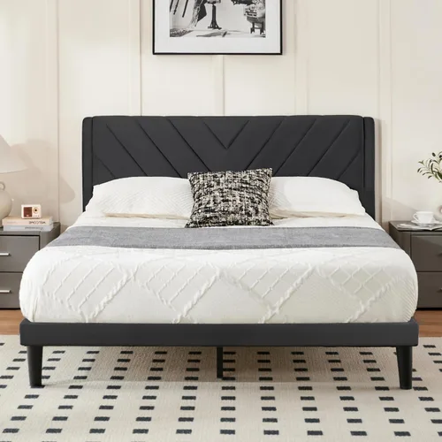 Vista 9 de Base de cama de plataforma de tamaño matrimonial con cabecera de terciopelo, borde de ala, listones de madera resistentes, sin ruido, no necesita