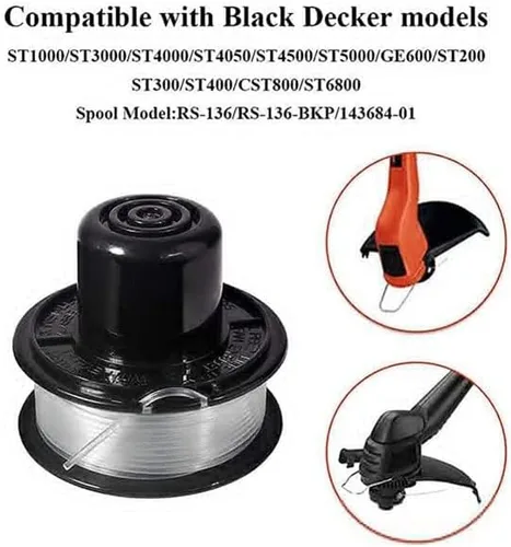 Vista 2 de Carretes de recortadora para Black and Decker RS-136 Weed Eater GE600 CST800 ST1000 ST4000 ST4500 ST6800 RS-136 con 20 pies 0.065 pulgadas, repuesto
