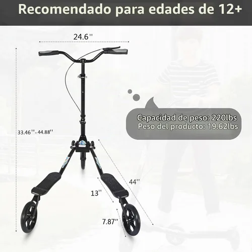 Vista 4 de Patinete plegable de 3 ruedas con mango ajustable para adolescente/hombre/mujer a partir de 12 años (máx. 220 libras)