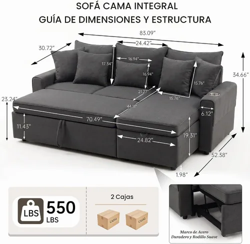 Vista 2 de HIPIHOM 83'' L Shaped Sleeper Sofa Bed, Storage Chaise with Cup Holder Dark Grey