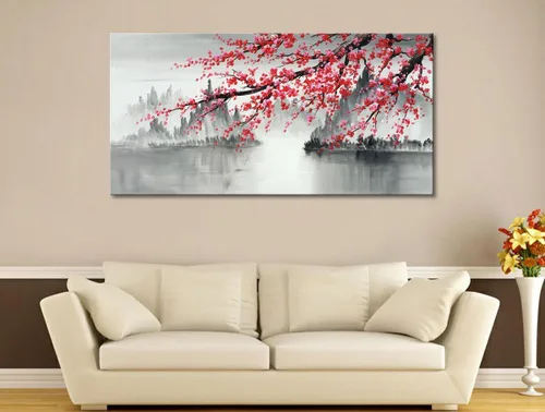 Vista 6 de Pintura tradicional china pintada a mano en lienzo de flor de ciruelo, arte de pared, pintura al óleo moderna de paisaje en blanco y negro para sala