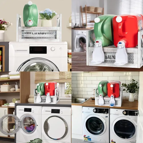 Vista 7 de Soporte para detergente para ropa con bandeja de goteo, decoración de madera para cuarto de servicio de granja, accesorios rústicos