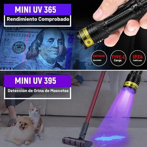 Vista 2 de DARKDAWN Linterna UV de 365 y 395 nm, luz negra, mini USB, recargable, LED ultravioleta blacklight, lámpara Woods, detector portátil fluorescente