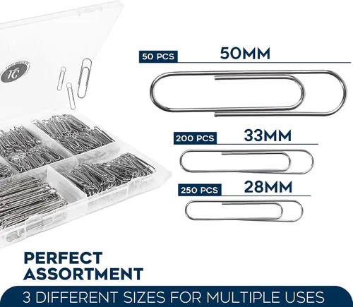 Vista 2 de Luxurecourt - Paquete de 500 clips para papel, 3 tamaños surtidos, color plateado, pequeño y grande Bulk pack, Rust Resistant, Nickel Plated Steel