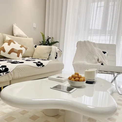 Vista 5 de Cloud - Mesa auxiliar moderna color blanco crema para sala de estar, bonita mesa auxiliar irregular para interiores con 4 patas
