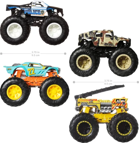 Vista 2 de Hot Wheels Monster Trucks, Camiones Monstruo de Juguete a Escala 1:64, Juego de 4, Ruedas Gigantes, Personajes Favoritos y Diseños Geniales