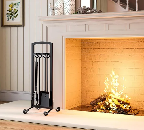 Vista 6 de Juego de herramientas para chimenea de 5 piezas, accesorios elegantes y simples para el hogar con póker, pinzas, pala, cepillo, negro