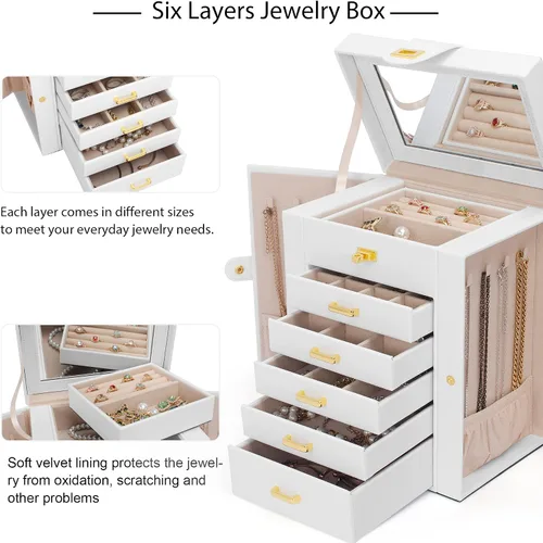 Vista 3 de AKOZLIN Joyero grande organizador funcional con cerradura con espejo grande, estuche de almacenamiento de joyas de cuero para mujeres y niñas