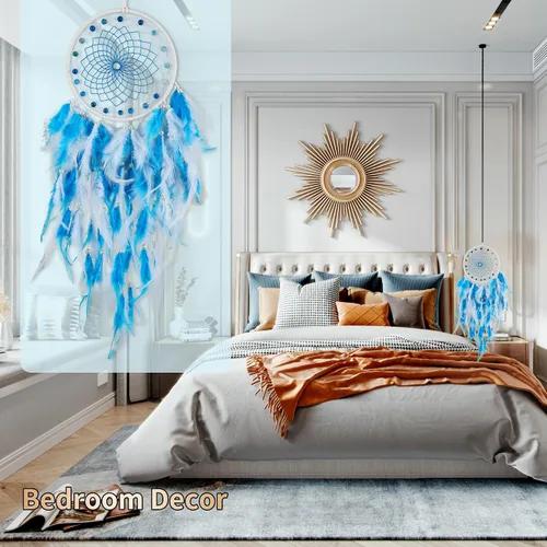 Vista 2 de Blue Dream Catchers - Plumas de pollo con perla de cristal, atrapasueños hecho a mano para dormitorio, atrapasueños para niñas, atrapasueños