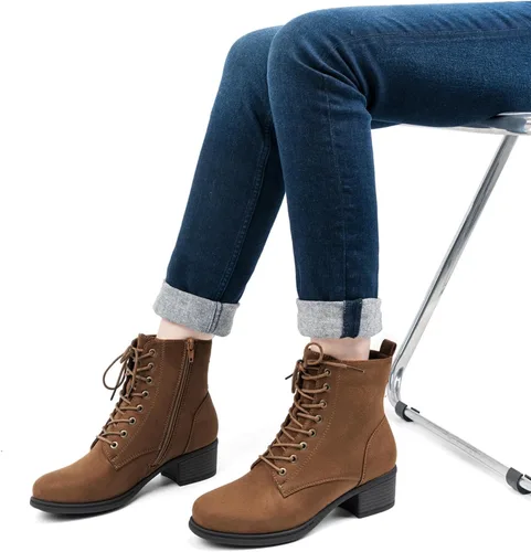 Vista 6 de VJH confort Botines de moda para mujer, tacón bajo, botines de combate gruesos con cordones y cremallera lateral