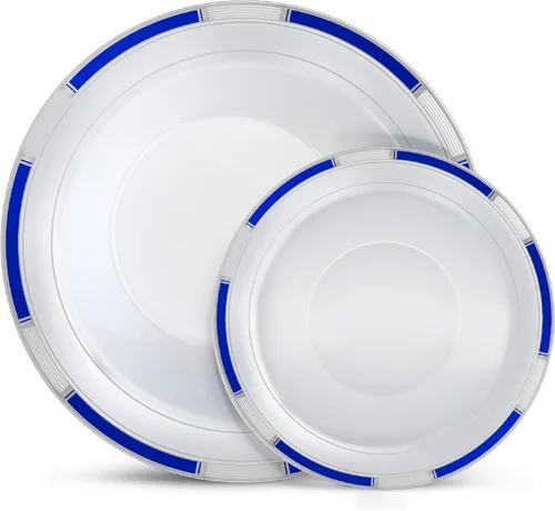 Vista 9 de Laura Stein Juego de vajilla de diseñador 32 cuencos de plástico desechables para fiestas, cuenco blanco con borde azul y detalles dorados