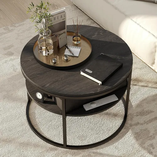 Vista 3 de HOJINLINERO Mesa de centro redonda elevable, con compartimento oculto de almacenamiento, decoración de mesa de centro de madera de granja