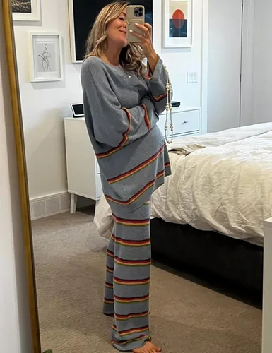 Vista 5 de Aedceal Conjunto de suéter marinero para mujer, suéter de punto a rayas, pantalones largos, pijamas para descansar