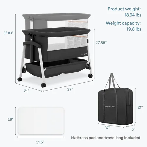 Vista 3 de Dream On Me Calypso - Cuna portátil plegable, color negro 7-Level Height Adjustable with Lockable Wheels, Aluminum Frame, Dual-Zone Storage Basket